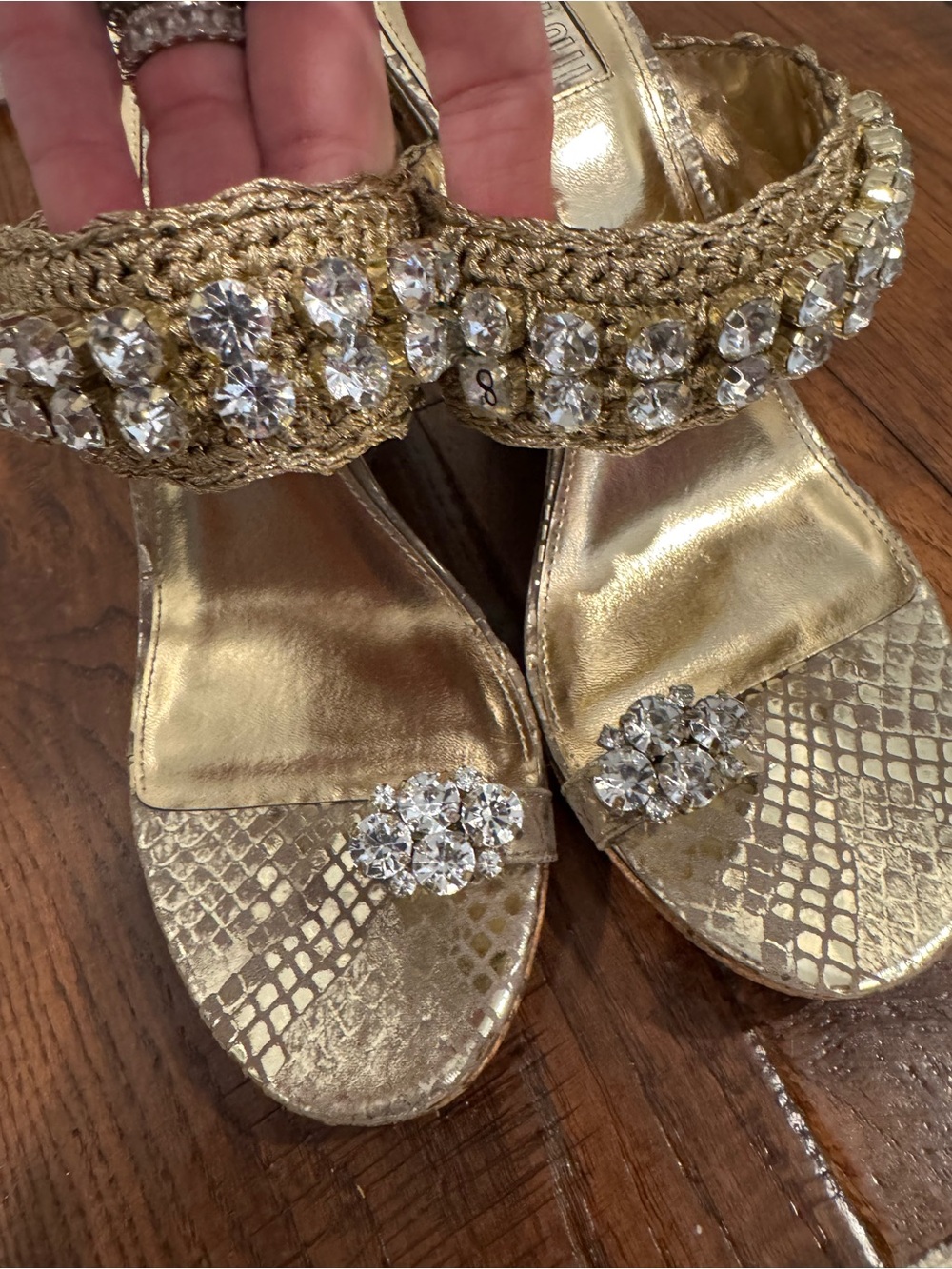 FIONI Clothing Metallic Gold Jeweled Crochet Slide Sandals - Picture 9 of 11